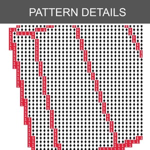 K&ouml;nnte beinhalten: Ein digitales Musterdiagramm mit dem Titel PATTERN DETAILS, das ein Raster aus schwarzen Pik-Symbolen auf wei&szlig;em Hintergrund zeigt. Diagonale Linien aus roten Zellen mit der Zahl 1 durchziehen das Raster und bilden ein strukturiertes Design.