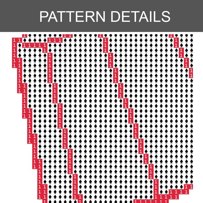 K&ouml;nnte beinhalten: Ein digitales Musterdiagramm mit dem Titel PATTERN DETAILS, das ein Raster aus schwarzen Pik-Symbolen auf wei&szlig;em Hintergrund zeigt. Diagonale Linien aus roten Zellen mit der Zahl 1 durchziehen das Raster und bilden ein strukturiertes Design.