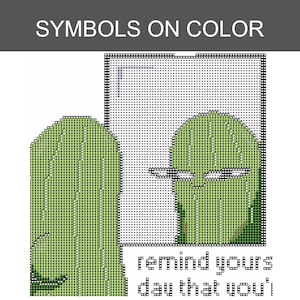 May include: A cross-stitch pattern featuring a green pickle character looking into a rectangular mirror. The design includes the text SYMBOLS ON COLOR at the top and the partial phrase remind yours day that you'i at the bottom in black pixelated font.