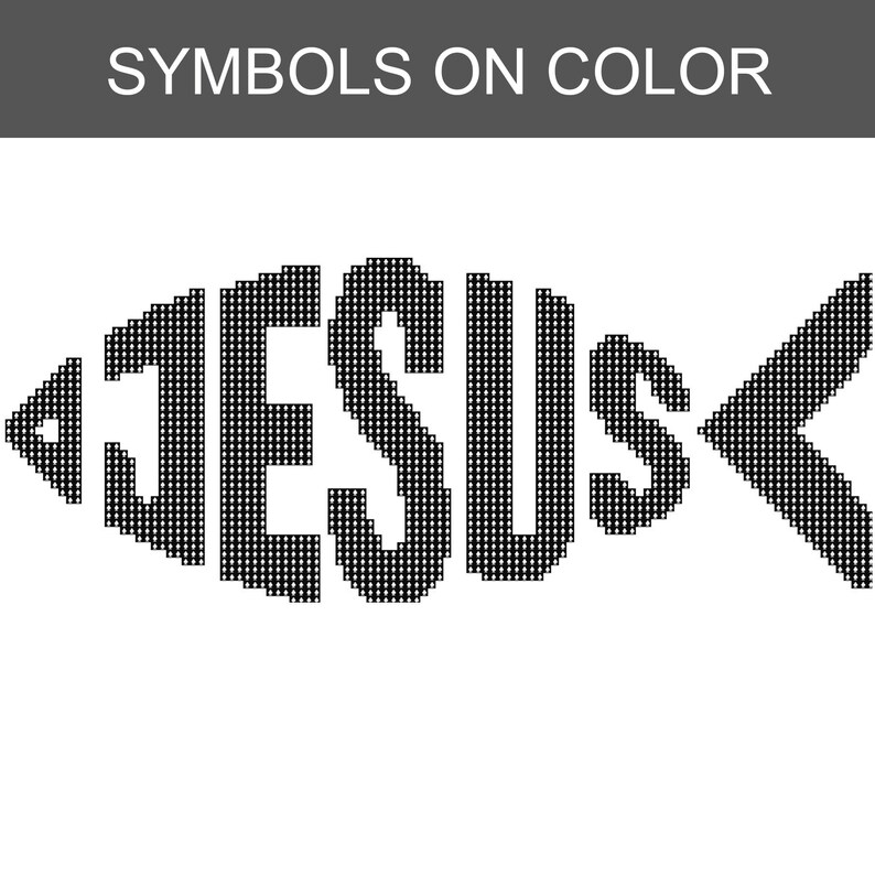 Puede incluir: Un dise&ntilde;o gr&aacute;fico negro que presenta la palabra JESUS formada en la silueta de un pez. Las letras est&aacute;n compuestas por una cuadr&iacute;cula de peque&ntilde;os puntos, creando una apariencia pixelada. Sobre el gr&aacute;fico, aparece el texto SYMBOLS ON COLOR.