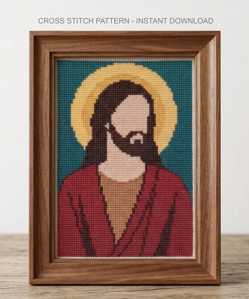 K&ouml;nnte beinhalten: Kreuzstichmuster einer religi&ouml;sen Figur mit gelbem Heiligenschein, braunem Haar und Bart sowie rotem Gewand, gerahmt in einem Holzrahmen. Der Hintergrund ist t&uuml;rkis. Der Text oben lautet "CROSS STITCH PATTERN - INSTANT DOWNLOAD."