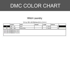 May include: A DMC colour chart titled Witch Laundry featuring a table with columns for number, name, strands, length, and stitches. It lists DMC 310 Black and DMC 3865 Winter White, including dimensions for 14, 16, 18, and 22 h.p.i. in inches.