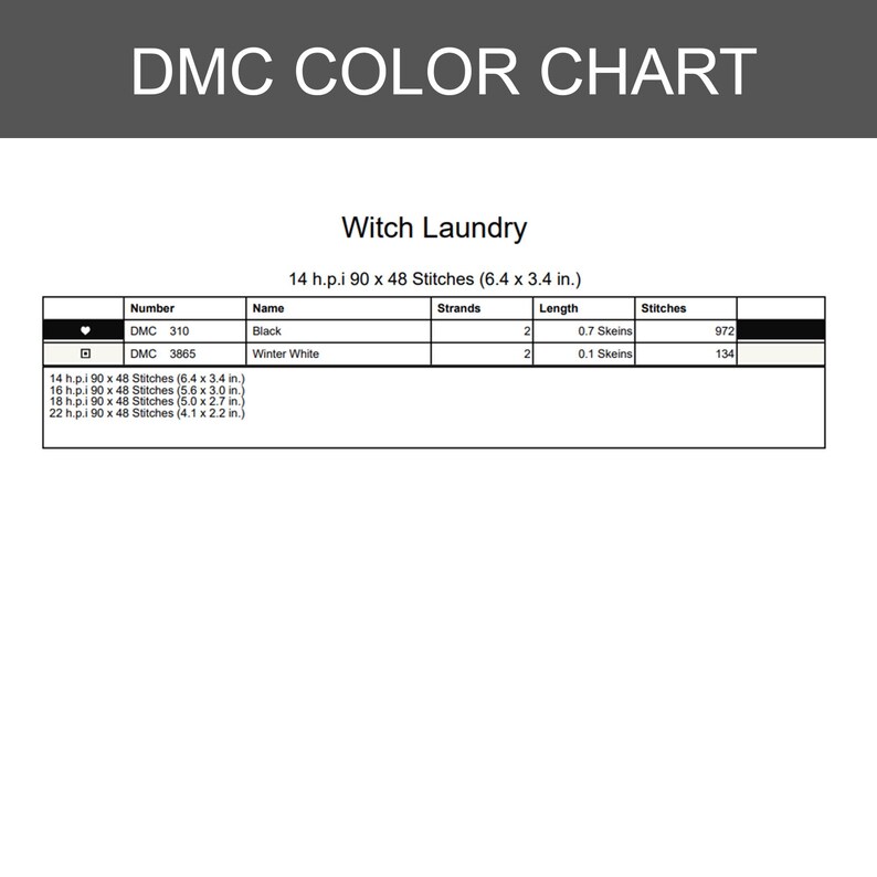 May include: A DMC colour chart titled Witch Laundry featuring a table with columns for number, name, strands, length, and stitches. It lists DMC 310 Black and DMC 3865 Winter White, including dimensions for 14, 16, 18, and 22 h.p.i. in inches.