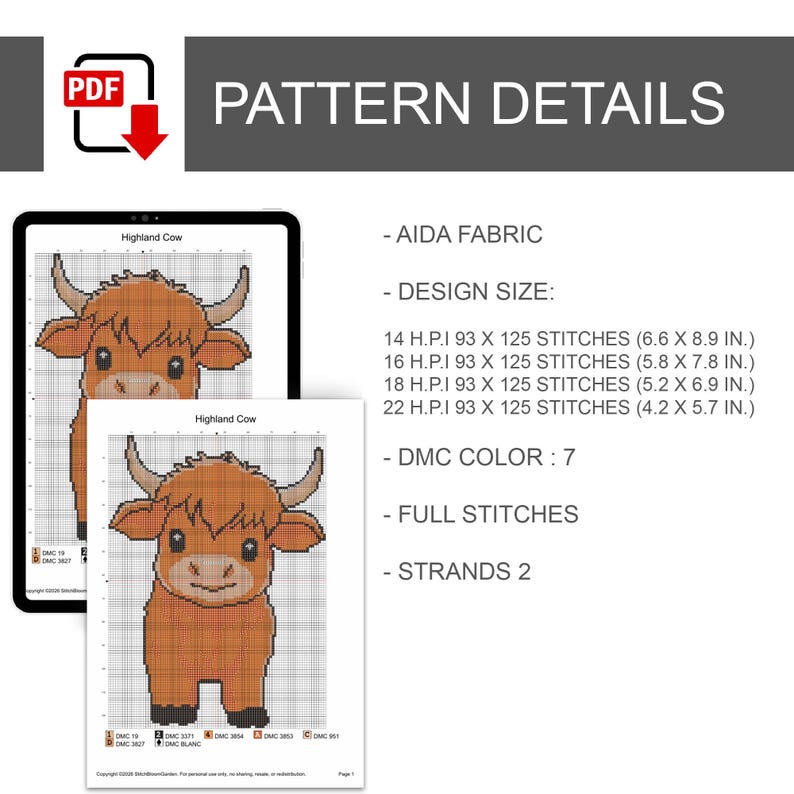 May include: A digital cross-stitch pattern titled "Highland Cow" displayed on a tablet and printed page. The pattern details include design size in inches, DMC color, full stitches, and strands. The image shows a cartoon-style Highland cow.