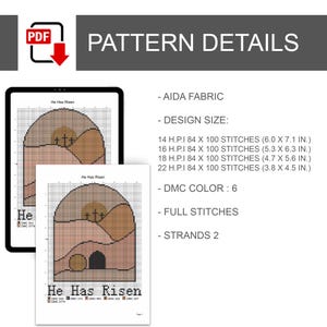 K&ouml;nnte beinhalten: Ein digitales Kreuzstichmuster mit dem Titel He Has Risen, das eine Landschaft mit drei Kreuzen und einem Grab zeigt. Details: 14 H.P.I (15,2 x 18,0 cm), 16 H.P.I (13,5 x 16,0 cm), 18 H.P.I (11,9 x 14,2 cm), 22 H.P.I (9,7 x 11,4 cm), 6 DMC-Farben und 2 F&auml;den.