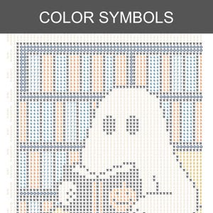 K&ouml;nnte beinhalten: Ein Kreuzstichmuster mit dem Text "COLOR SYMBOLS" oben. Das Muster verwendet verschiedene Symbole und Farben, um ein Bild zu erstellen. Das Design ist ein pixeliges Bild eines Gesichts.