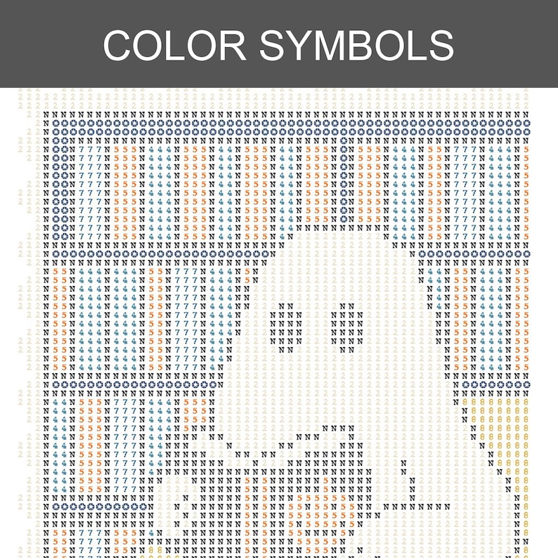 K&ouml;nnte beinhalten: Ein Kreuzstichmuster mit dem Text "COLOR SYMBOLS" oben. Das Muster verwendet verschiedene Symbole und Farben, um ein Bild zu erstellen. Das Design ist ein pixeliges Bild eines Gesichts.