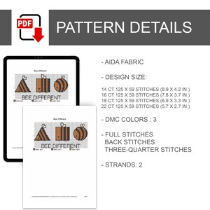 May include: A digital cross-stitch pattern titled Bee Different featuring three bee shapes: a triangle, square, and circle. Includes Aida fabric details, design sizes from 8.9 x 4.2 inches to 5.7 x 2.7 inches, 3 DMC colors, and stitch types.