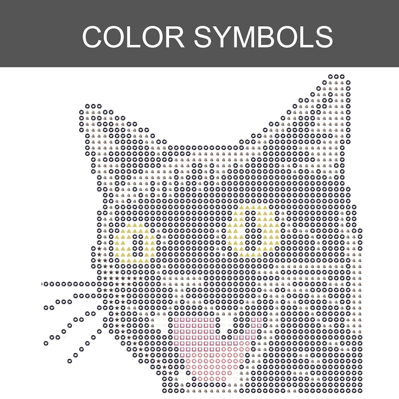 May include: A diamond painting pattern featuring a cat head outline composed of various symbols. The design includes the text COLOR SYMBOLS at the top, with yellow triangles for eyes, pink squares for the mouth, and black circles and stars for fur.