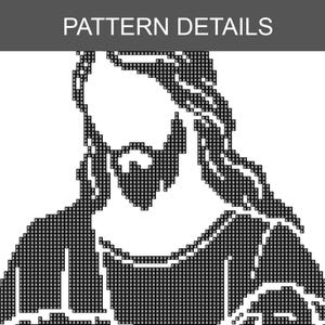 Pode incluir: Imagem pixelizada em preto e branco de uma pessoa com barba e cabelo comprido. A imagem &eacute; um detalhe do padr&atilde;o, com o texto "PATTERN DETAILS" no topo.