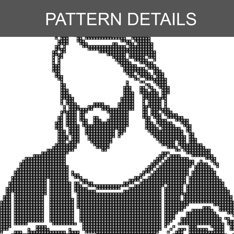 Pode incluir: Imagem pixelizada em preto e branco de uma pessoa com barba e cabelo comprido. A imagem &eacute; um detalhe do padr&atilde;o, com o texto "PATTERN DETAILS" no topo.