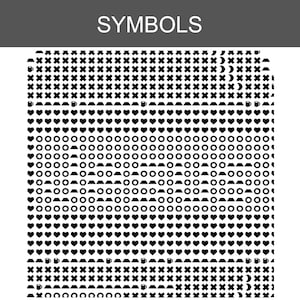 Puede incluir: Un gr&aacute;fico en blanco y negro titulado SYMBOLS que presenta una cuadr&iacute;cula de iconos repetitivos. El patr&oacute;n incluye filas de cruces, lunas crecientes, tazas peque&ntilde;as, corazones, c&iacute;rculos y trapecios dispuestos en un dise&ntilde;o estructurado.