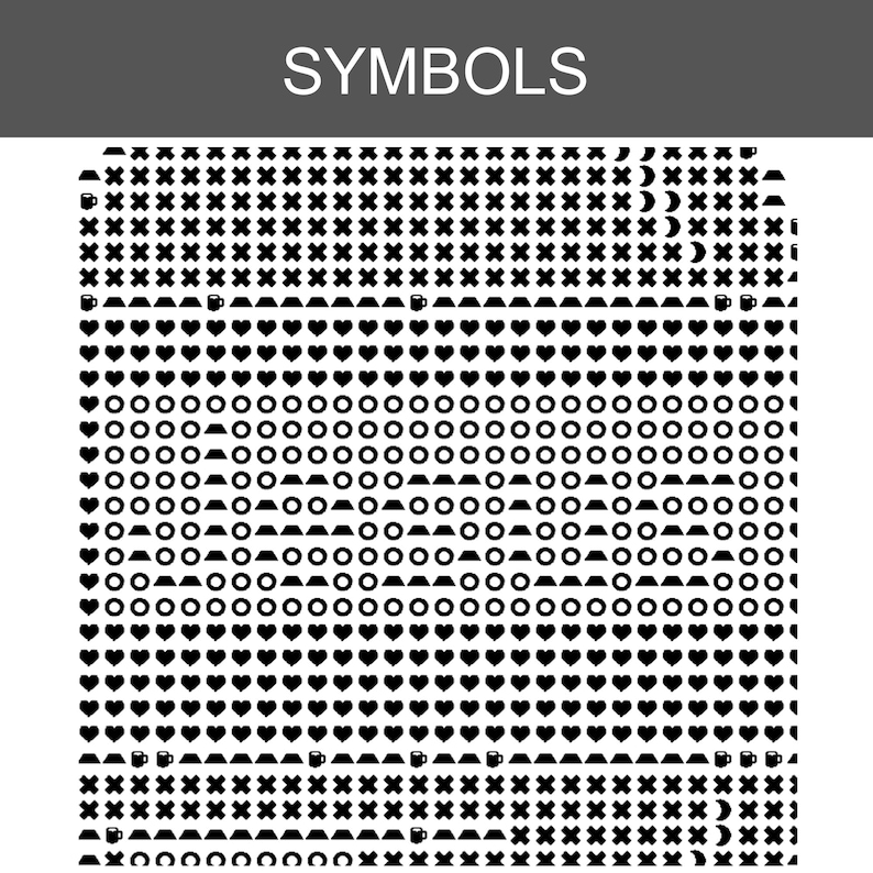 Puede incluir: Un gr&aacute;fico en blanco y negro titulado SYMBOLS que presenta una cuadr&iacute;cula de iconos repetitivos. El patr&oacute;n incluye filas de cruces, lunas crecientes, tazas peque&ntilde;as, corazones, c&iacute;rculos y trapecios dispuestos en un dise&ntilde;o estructurado.