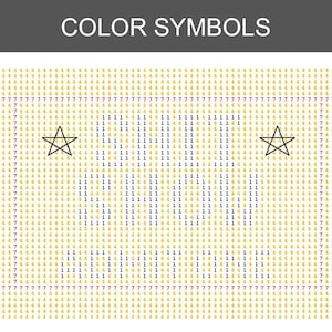 K&ouml;nnte beinhalten: Ein Diamant-Malmusterblatt mit dem Titel COLOR SYMBOLS, das ein Gitter aus gelben 4ern und roten 7ern zeigt. In der Mitte steht der Text "BUT FIRST COFFEE" in schwarzen Zahlen 1 und 4, flankiert von zwei schwarz umrandeten Sternsymbolen.