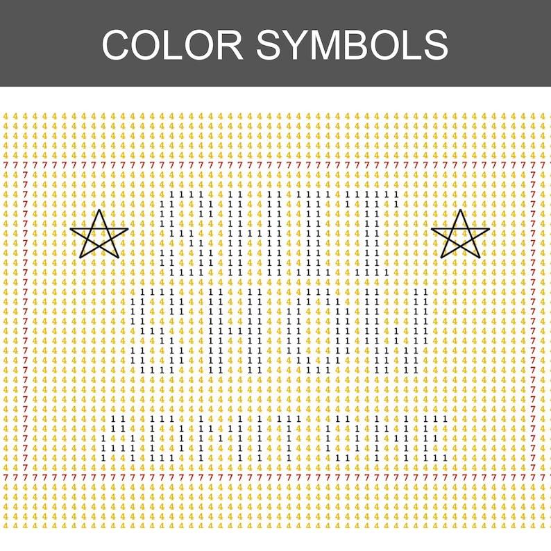 K&ouml;nnte beinhalten: Ein Diamant-Malmusterblatt mit dem Titel COLOR SYMBOLS, das ein Gitter aus gelben 4ern und roten 7ern zeigt. In der Mitte steht der Text "BUT FIRST COFFEE" in schwarzen Zahlen 1 und 4, flankiert von zwei schwarz umrandeten Sternsymbolen.
