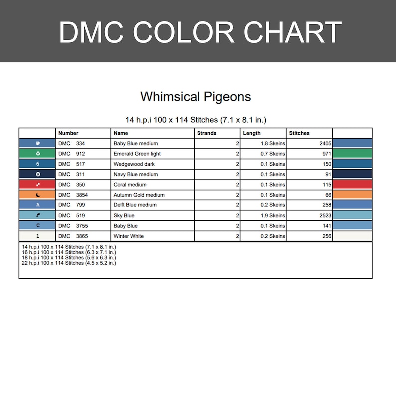 May include: A DMC color chart for a cross-stitch pattern titled Whimsical Pigeons. The table lists thread numbers, names, strand counts, skein lengths, and stitch counts for colors including baby blue, emerald green, navy, and coral.