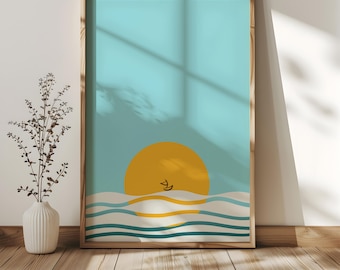 4 - Sailboat Waves Sunset Blue Sky Boho Abstract Minimalist Digital Art Print