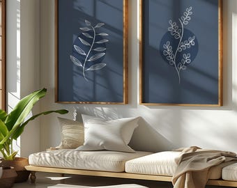 25 - Set of 2 Minimalist Blue Boho Leaves Digital Wall Art Print