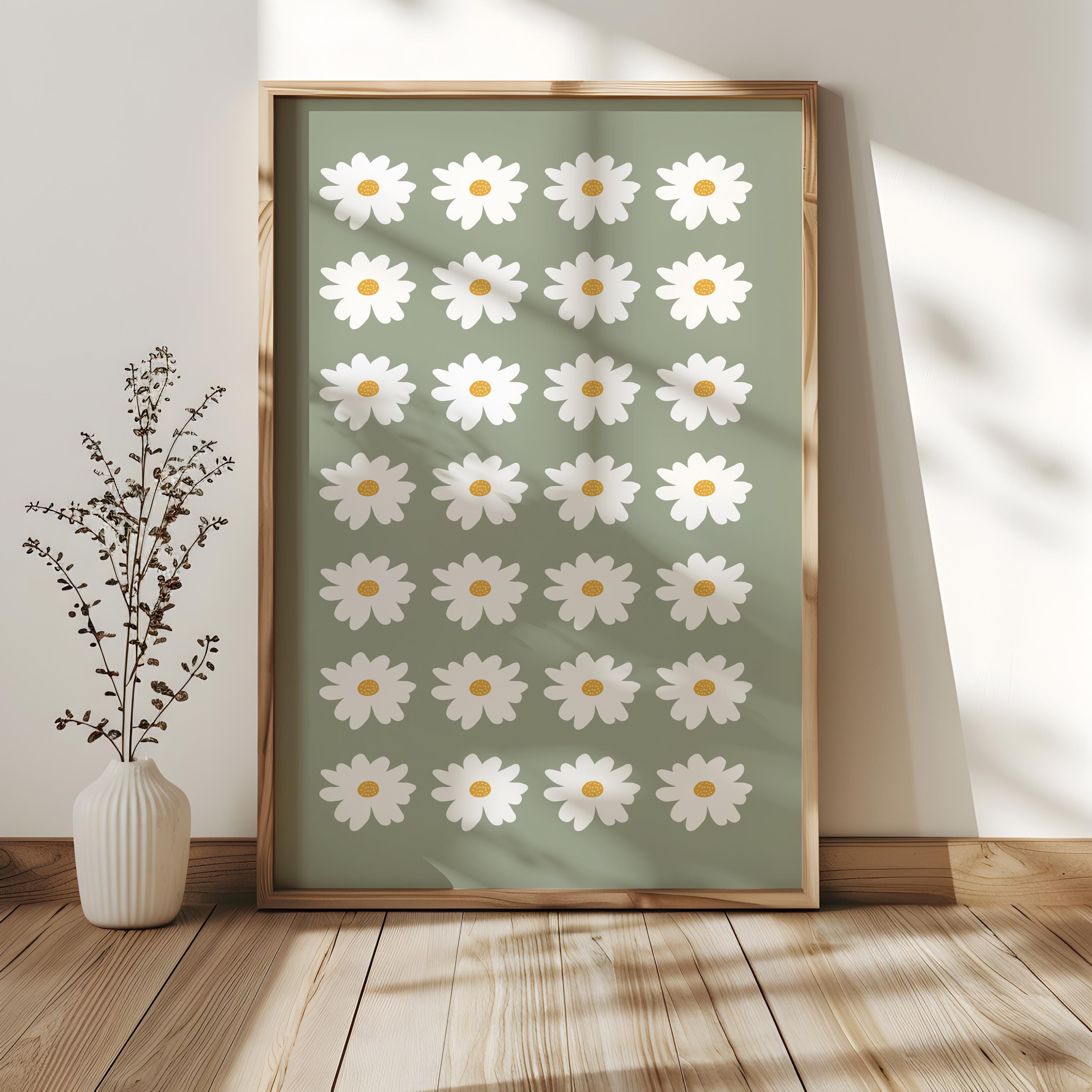 29 - Daisies Flowers Pattern Green Digital Wall Art Print