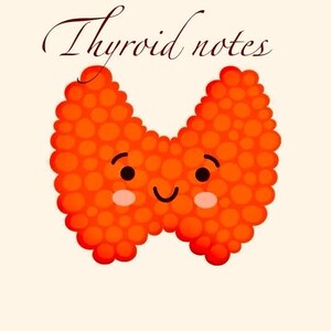 May include: An illustration of a cartoon thyroid gland in orange with a smiling face and the text "Thyroid notes" in a cursive font. The gland is made up of many small circles.