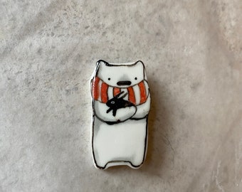 White bear with the scarf - a porcelain brooch