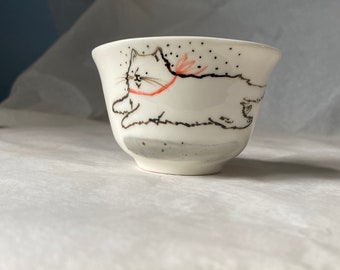 The flying cat in love- a porcelain cup