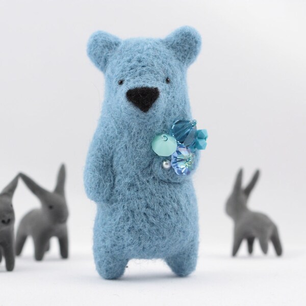 Needle felted light blue bear brooch