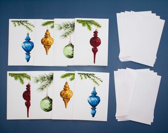 Holiday Cards - Blank Inside - Boxed Set of 8 Mixed - Watercolor Glass Ornaments