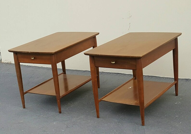 Mersman Solid Walnut End Tables Vintage Walnut End Tables Mid Century Walnut End Tables With Single Drawer Lower Shelf Signed Brass Pull