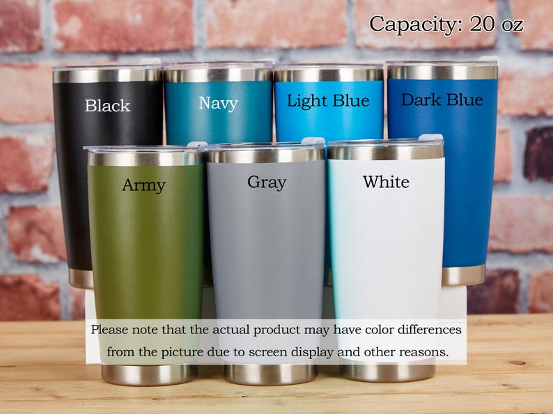 May include: A collection of 20 oz insulated tumblers in various colors, including black, navy, light blue, dark blue, army green, gray, and white. Each tumbler has a silver rim and lid. Text on the image indicates the capacity and color names.