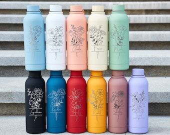 Engraved Bridesmaid Water Bottle,Personalized Birth Flower Tumbler,Custom Name Bottle,Travel Water Bottle,Bridesmaid Proposal Gift for Her