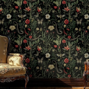 Dark Botanical Peel and Stick Wallpaper Boho, Dark Medieval Wallpaper, Gothic Wall Murals Dark Forest, Dark Botanical Wallpaper Animal Snake