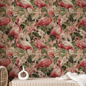 Vintage Pink Flamingo Wallpaper Self Adhesive, Tropical Flowers Wallpaper, Pink Tropical Wall Mural Peel and Stick, Flamingo Retro Wallpaper
