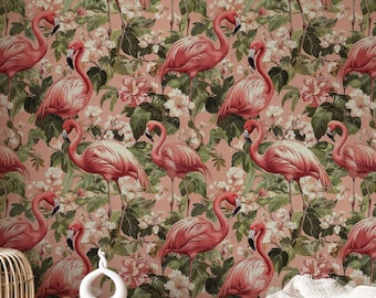 Pink Flamingo Wallpaper: Tropical Floral Peel and Stick Mural