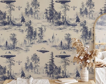 Alien Ufo Wallpaper, Alien Peel and Stick Wallpaper, Space Alien Wall Covering, Alien Abduction Wallpaper, Scifi Scenery Wallpaper verwijderbaar