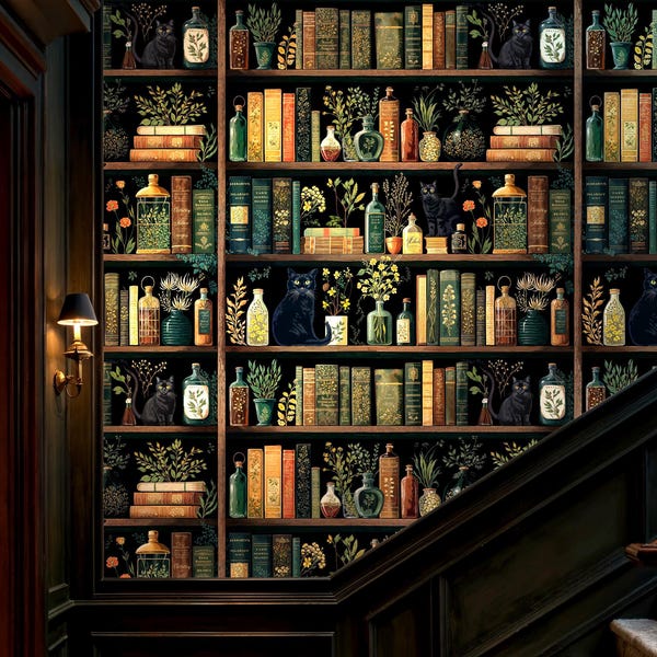 Whimsical Apothecary Cat Peel and Stick Wallpaper, Witchy Dark Academia Bookshelf Wall Covering, Moody Magical Library Mural
