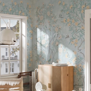 Blue Chinoiserie Wallpaper Peel and Stick, Vintage Chinoiserie Mural Wallpaper with Birds, Tree with Bird Wall Mural, Chinoiserie Wall Mural