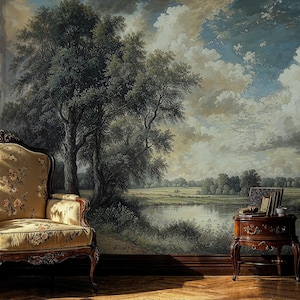 Vintage Scenic Wallpaper Mural, Tree and River View Wallpaper, Vintage Landscape Mural Peel Stick, Scenic Peel and Stick Wall Mural Pastoral