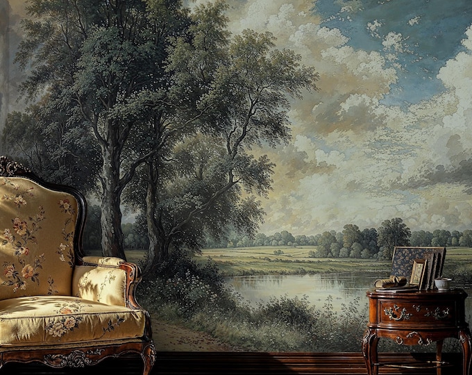 Scenic Wallpaper With Trees, Vintage Landscape Wall Mural Peel and ...