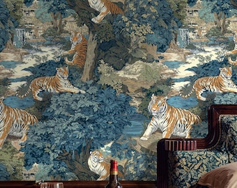 Vintage Toile Tiger Wallpaper: Peel and Stick, Chinoiserie Jungle Wall Mural