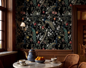 Dark Chinoiserie Wallpaper Peel and Stick, Moody Peacocks Fruit and Floral Wall Mural