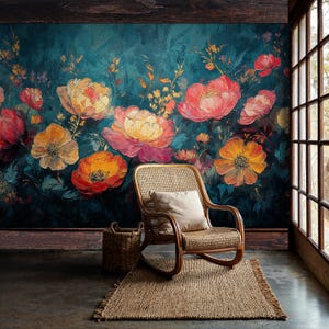 Abstract Floral Wallpaper, Colorful Floral Painting Wall Mural, Teal Abstract Wallpaper, Large Floral Peel and Stick Wallpaper Mural