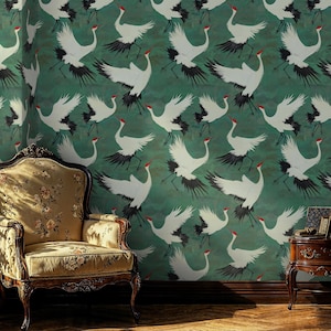 Crane Bird Chinoiserie Wallpaper Green, Crane Peel and Stick Wallpaper, Flying Chinese Birds Wall Mural, Green Chinoiserie Mural Wallpaper