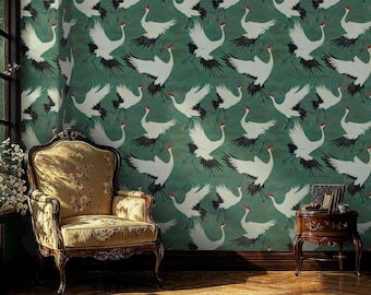 Green Crane Chinoiserie Wallpaper: Peel and Stick Wall Mural