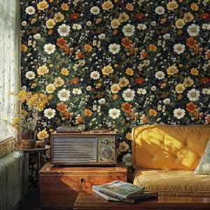 Boho Dark Wild Flower Wallpaper, Moody Floral Peel and Stick Wallpaper, Black Botanical Flowers Wallpaper, Dark Moody Floral Wall Mural