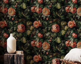 Moody Peony Floral Wallpaper Mural: Dark Green Vintage Peel and Stick