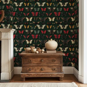 Butterfly Peel and Stick Wallpaper, Dark Green Botanical Wallpaper ...
