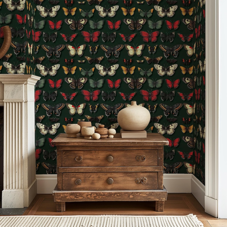 Butterfly Peel and Stick Wallpaper, Dark Green Botanical Wallpaper ...