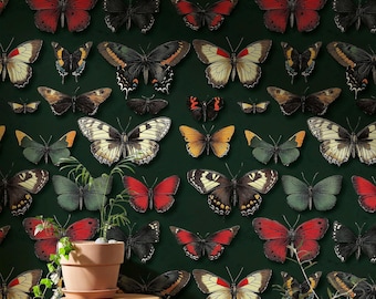 Butterfly Peel and Stick Wallpaper, Dark Green Botanical Wallpaper Removable, Vintage Butterflies Wallpaper, Botanical Wall Mural Butterfly