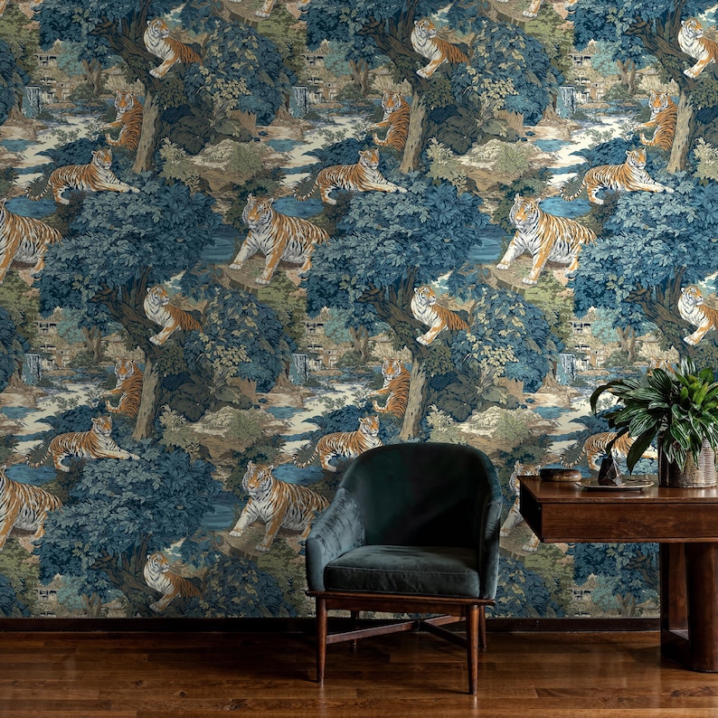 Vintage Toile Tiger Wallpaper: Peel and Stick, Chinoiserie Jungle Wall ...